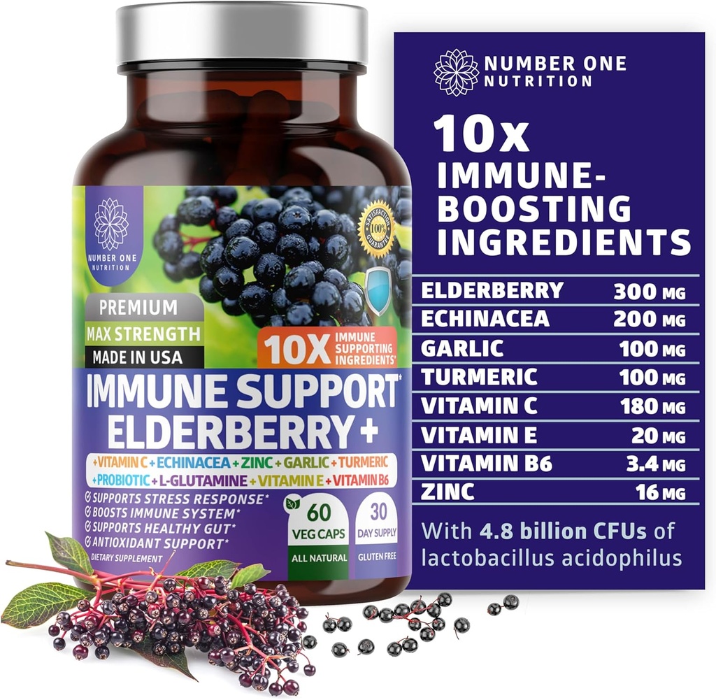Premium 10 em 1 Suplemento de Suporte Imune [10 Ingredientes Potentes] com Elderberry, Vitamina C, Echinacea, Zinco e Probiótico para Suporte Imune, Gut Saúde e melhor digestão, 60 Veg Caps