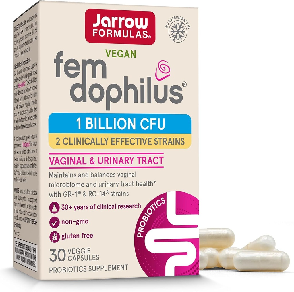 Jarrow Formulas Fem-Dophilus - 1 bilhão de organismos por serviço - 30 Cápsulas Veggie - Probiótico feminino - Saúde Urinária - Até 30 Servings