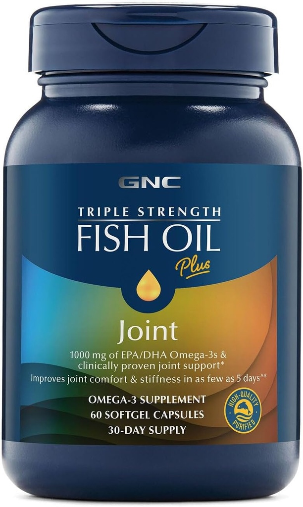 GNC Triple stiprumo žuvų aliejus plius bendras Omega 3, 1000mg EPA ir DHA, širdies sveikata, plius greitas 5 dienų komfortas, smegenys, oda, ir akis, Antioksidantai ir botanikos ekstraktai, Control Fish Burps, 30 Servings