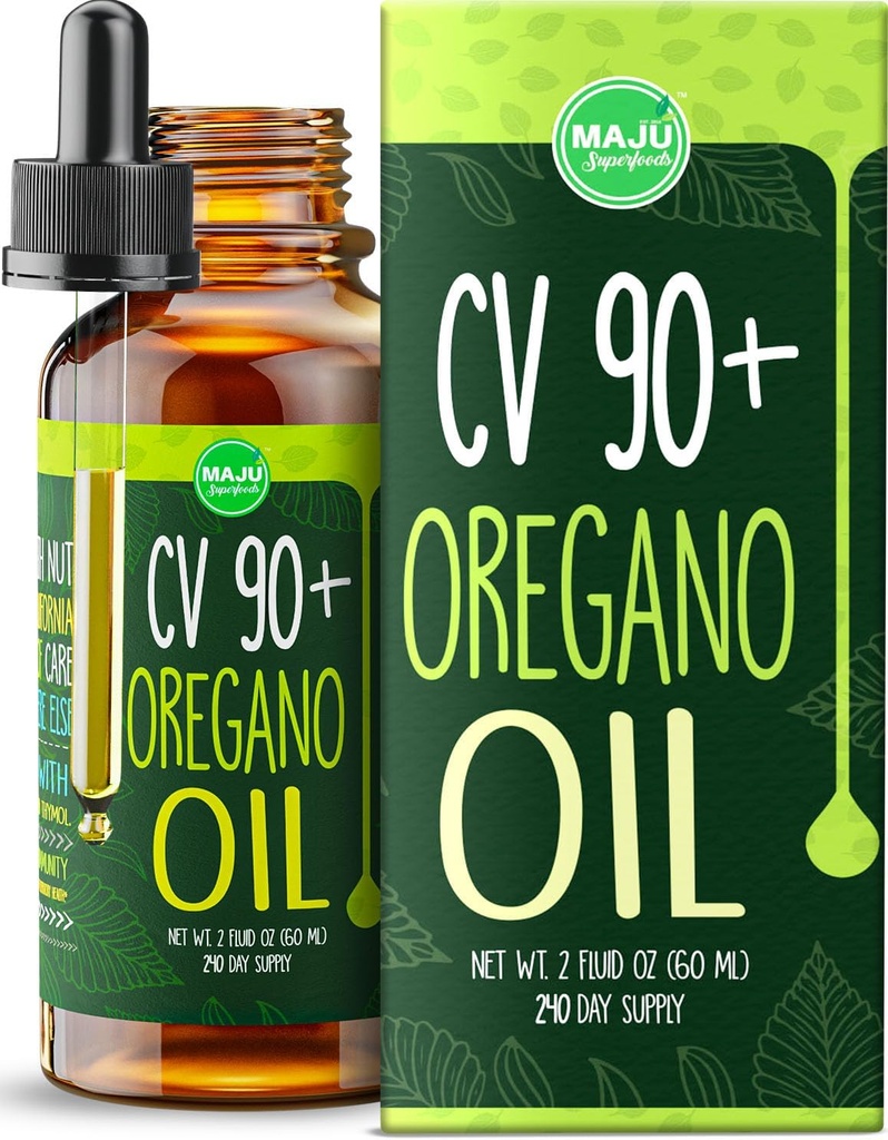 MAJU Oregano Oil Drops - Potent 90% + Carvacrol (2 fl Oz) Wild Mediterranean Essential Oil of Oregano Liquid, Aceite de Oregano, Immune och Seasonal Support