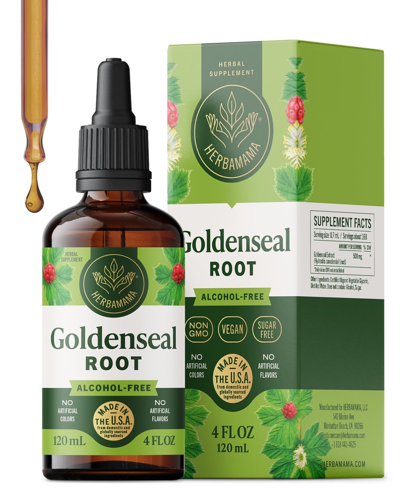 HERBAMAMA Goldenseal Root Tincture - Vegan Immune & Respiratory Support with Goldenseal Herb Extract Drops - Non-GMO, Alcohol & Sugar-Free Liquid Immunity Supplement, 84-Day Supply
