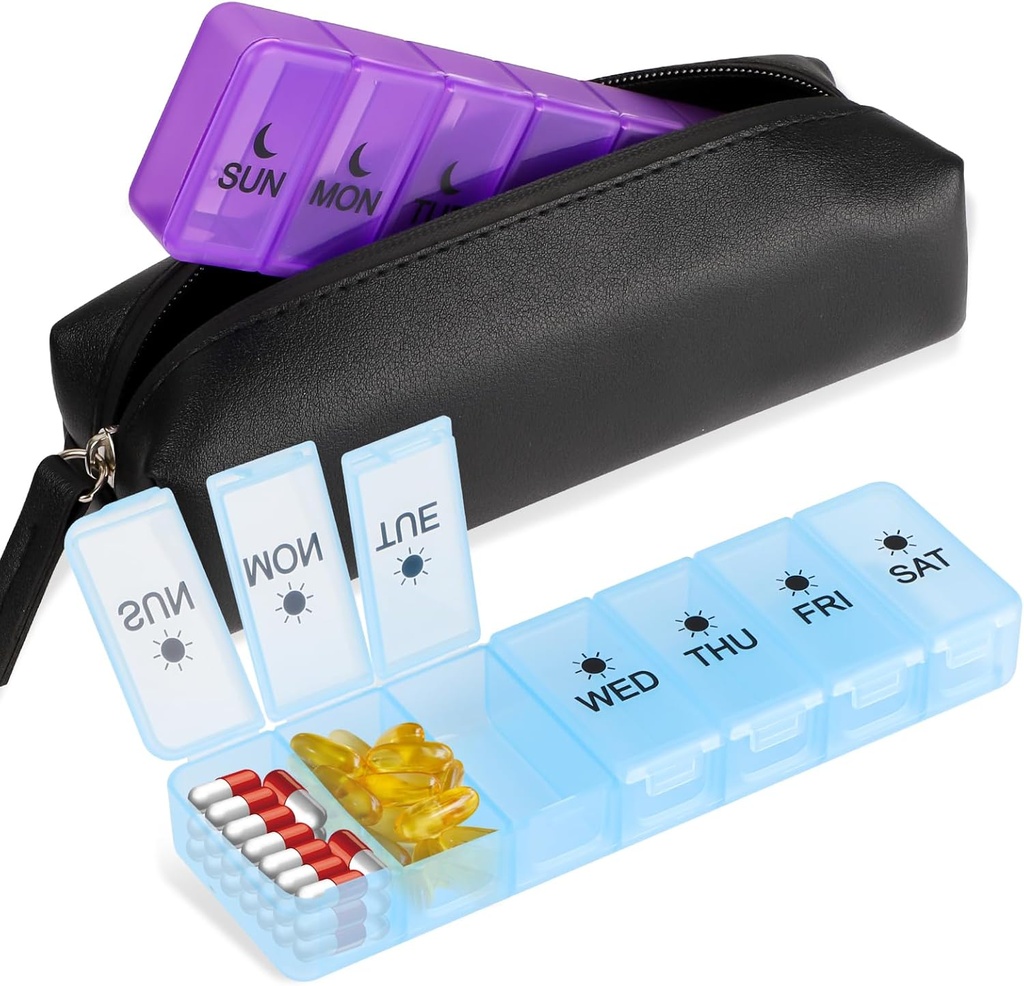 Boîte à pilules de 7 jours amovibles, 14 compartiments Médecine PP Boîte de stockage, boîte à médicaments sans BPA avec sac imperméable, boîte à pilules de deux jours pour suppléments de vitamine et huile de poisson