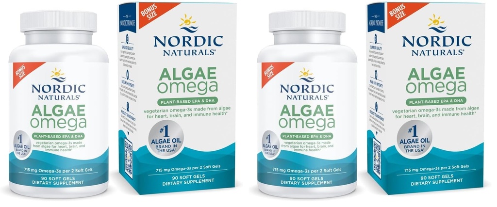 Nordic Naturals Algae Omega - 90 Soft Gels - 715 mg Omega-3 - Certified Vegan Algae Oil - Plant-Based EPA & DHA - Heart, Eye, Immune & Brain Health - Non-GMO - 45 Serving (Pack of 2)