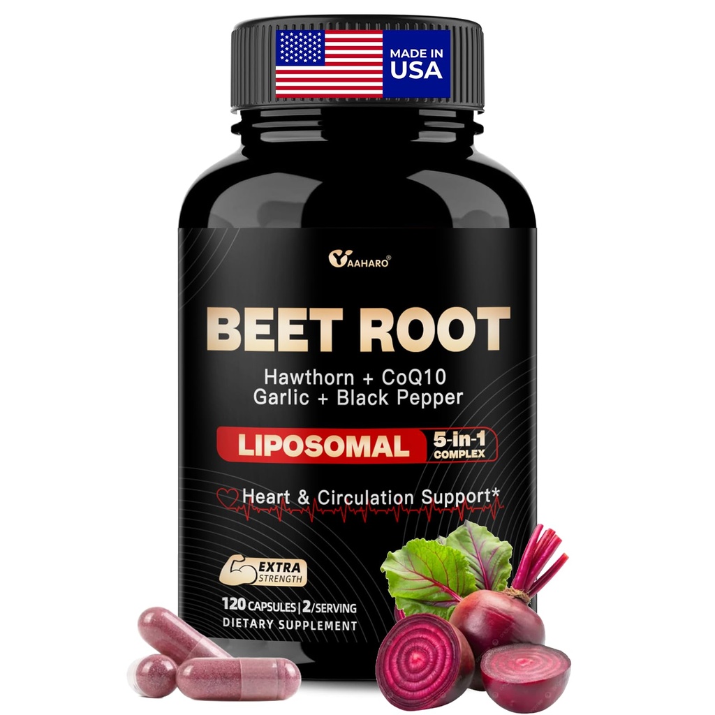 Beet Root Capules - Beet Root Powder with Hawthorn Berry, CoQ10, Garlic Bulb, Black Pepper for Heart & Circulation Support, Beetroot Supplement for Women and Men, 120 Capsules, 60-Day Supply