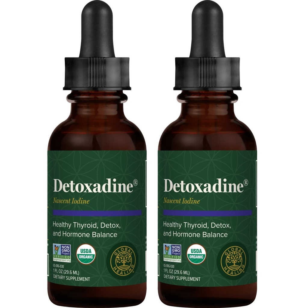 Global Healing Center - Detoxadine - Organic Nascent Liquid Iodine Supplement Drops for Thyroid Support, Detox Cleanse, and Metabolism, Vegan, 200 Servings Iodine Drops (1 Oz)(2-Pack)