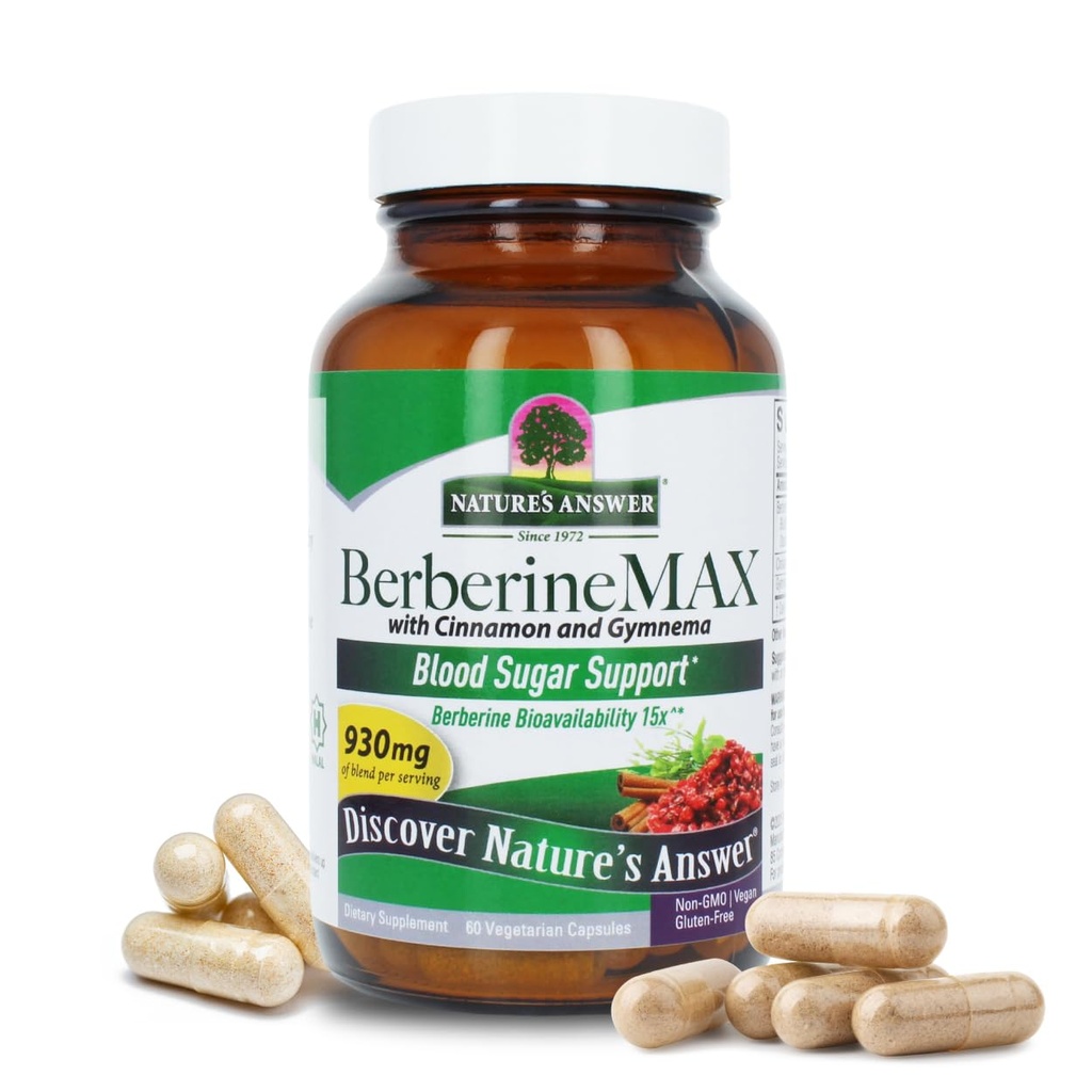 Nature's Answer BerberineMAX 680mg – Advanced Blood Sugar & Metabolic Support Supplement with BioSNEDS for Absorption – Includes Cinnamon & Gymnema – Vegetarian, Non-GMO, Gluten Free – 60 Capsules