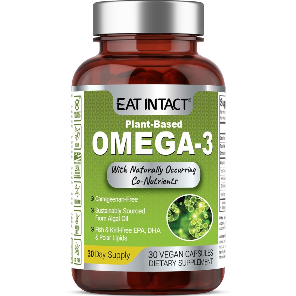 Vegan Omega 3 from Algae Oil – Plant-Based, Unconcentrated EPA & DHA with Naturally Occurring Polar Lipids – Fish & Krill Oil Alternative – Carrageenan-Free, Non-GMO, 30 Vegan Capsules