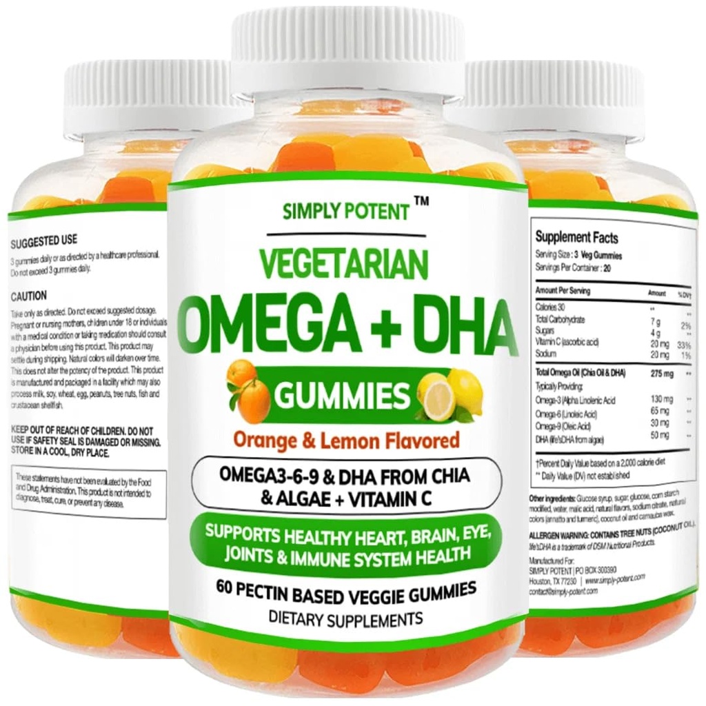 Simply Potent Omega 3 Fish Oil Gummies, Plant Based Alternative to Cod Liver Oil, Burpless Vegetarian DHA Chews for Adults and Kids, Orange Lemon Flavor Supplement