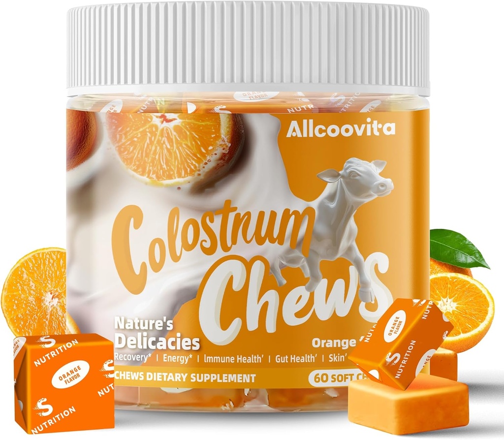 Bovine Colostrum Chews Suplemento com probióticos para a saúde do intestino, Bloating, Imune Support, Pele, Crescimento do cabelo e beleza - sabor laranja (60 Servings)