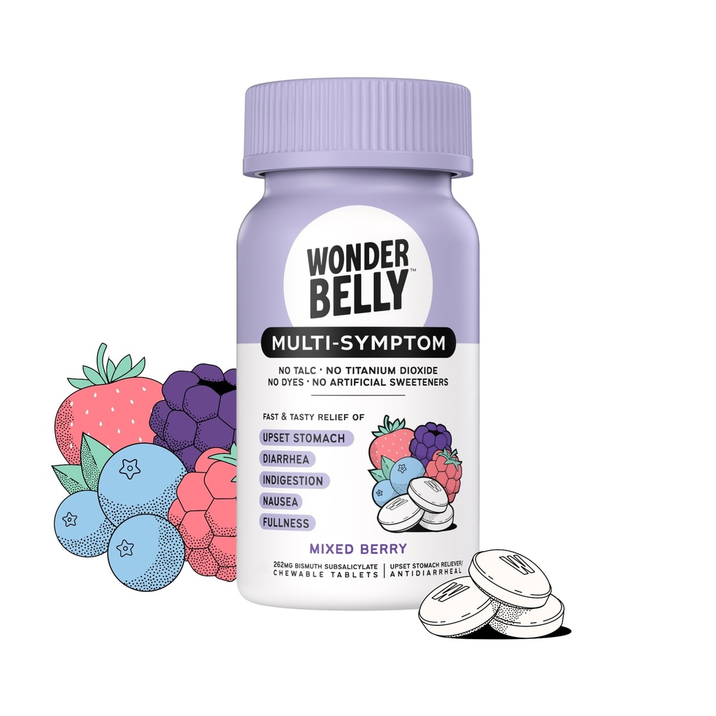 Wonderbelly Multi-Symptom Medicine Anti-Diarrhea & Upset Stomach Relief with Bismuth Subsalicylate Mixed Berry 40 Chewable Tablets