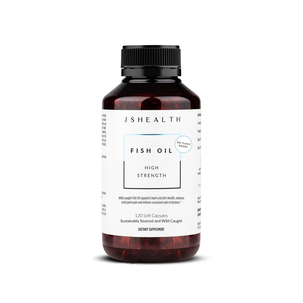 JSHealth High Strength Fish Oil. 900mg Omega-3 per Capsule with 540mg EPA and 360mg DHA. Wild-Caught, Friend of the Sea Certified, Vanilla Coated. No Fishy Aftertaste (120 Capsules)