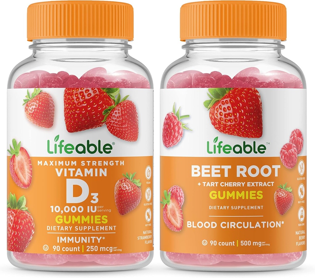 Chất béo D 10,000 IU + Beet Root, Gummies Bundle - Nguồn cung cấp vitamin, Gluten Free, GMO miễn phí, kẹo dẻo