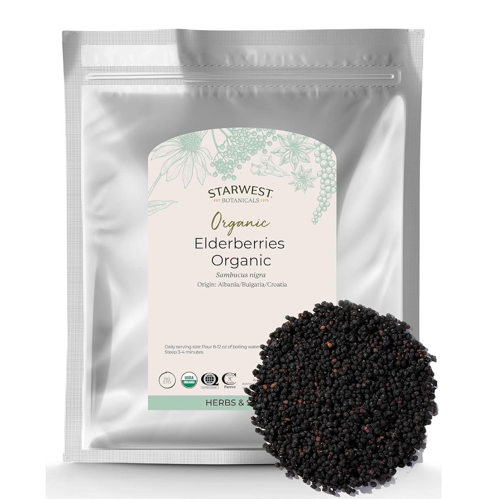 Starwest Botanicals Organic Elderberries for Tea, Non-GMO - Bulk 1 lb Bag | Dried Elderberries for Syrup, Gummies, & Jam, Certified Kosher