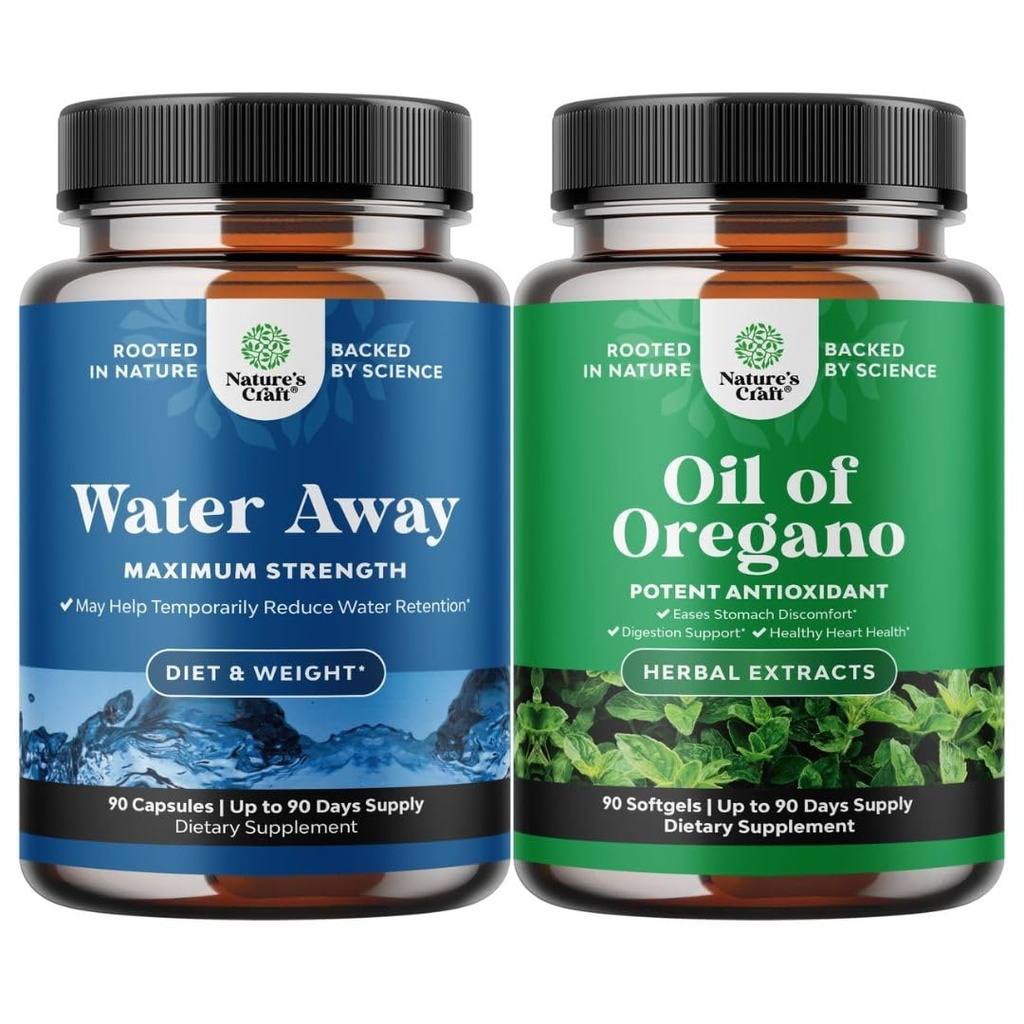 Bundle of Water Away Herbal Diuretic Pills High Strength with Dandelion Leaf Extract & Green Tea for Bloating Relief and Wild Oil of Oregano Softgels - Detox for Immune Support with Carvacrol 70%