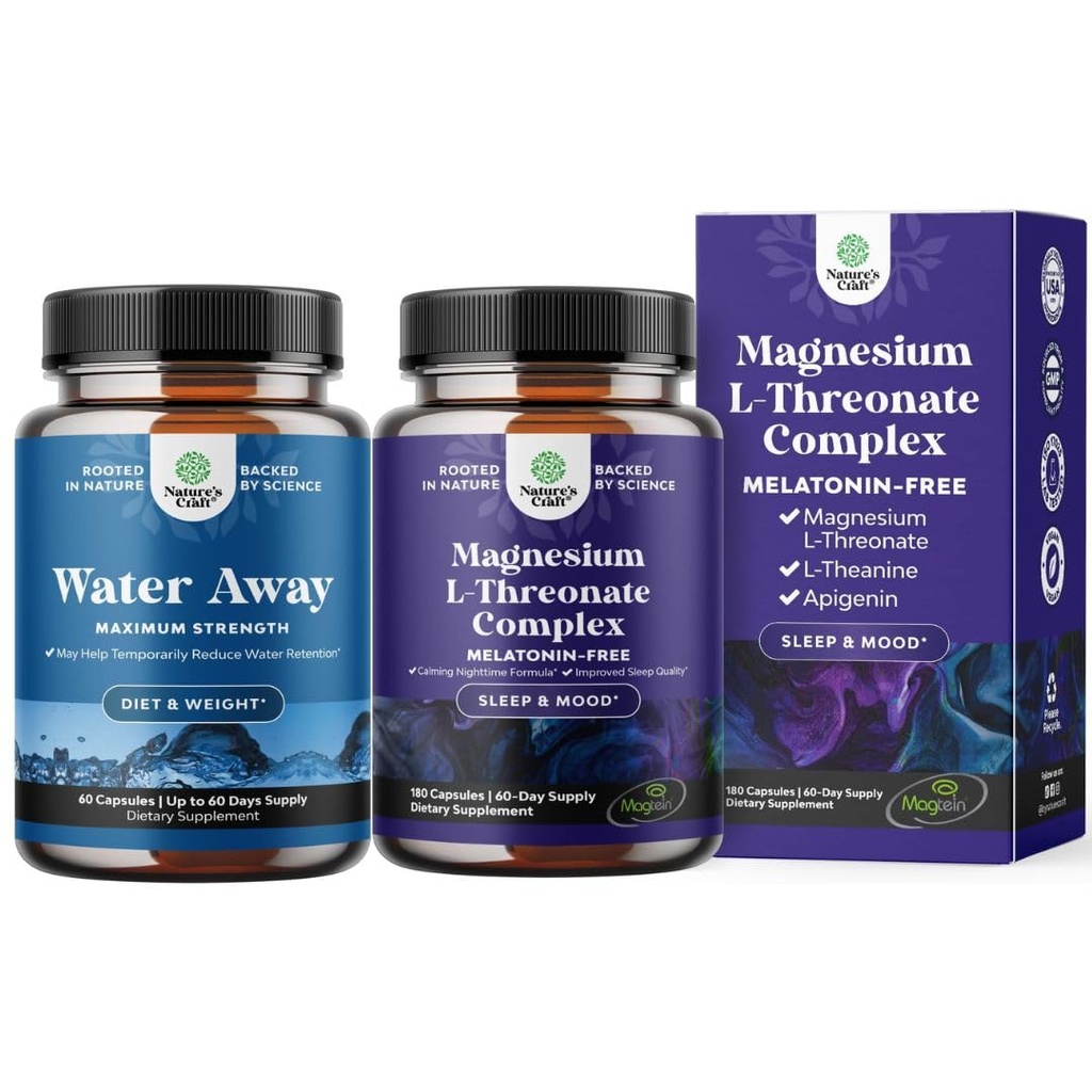 Bundle of Water Away Herbal Diuretic Pills High Strength - Fluid Retention Supplement with Dandelion Leaf Extract & Green Tea and High Absorption Magnesium Sleep Supplement - Melatonin-Free for Sleep