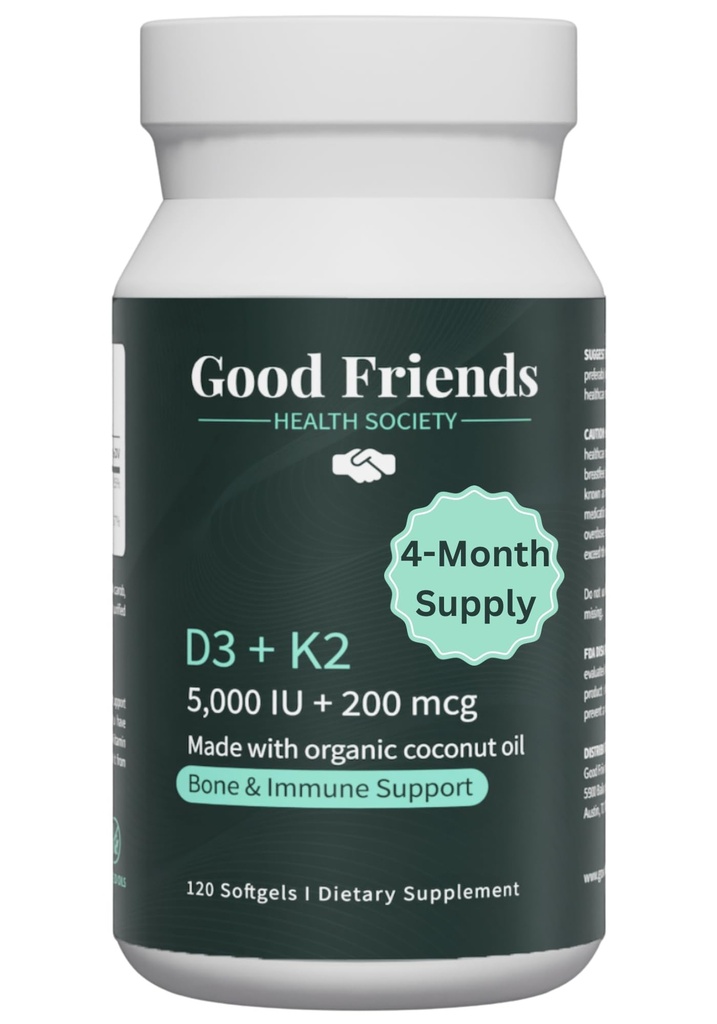 Vitamin D3 5000 IU + Vitamin K2 200 mcg - 4 Month Supply - High Potency Bone & Immune Support - Organic Coconut Oil, No Seed Oils, Non-GMO, 120 Vegetable Softgels