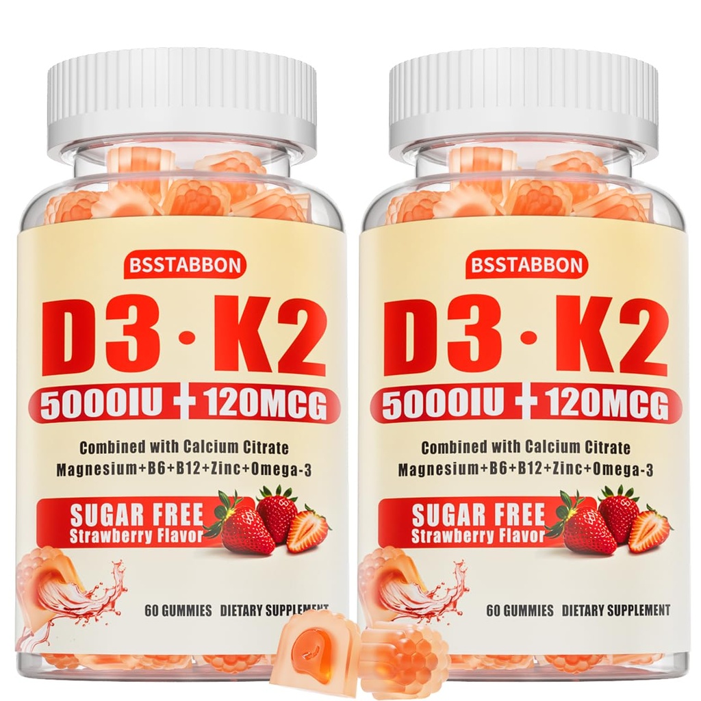 Vitamin D3 K2 Gummies for Women: Sugar Free Chewable 5000 IU D3 + 120 mcg K2 (MK-7) Supplement with Magnesium Omega-3 Zinc Calcium Methyl B12 for Immune Health - High Absorption for Adults(120Count)
