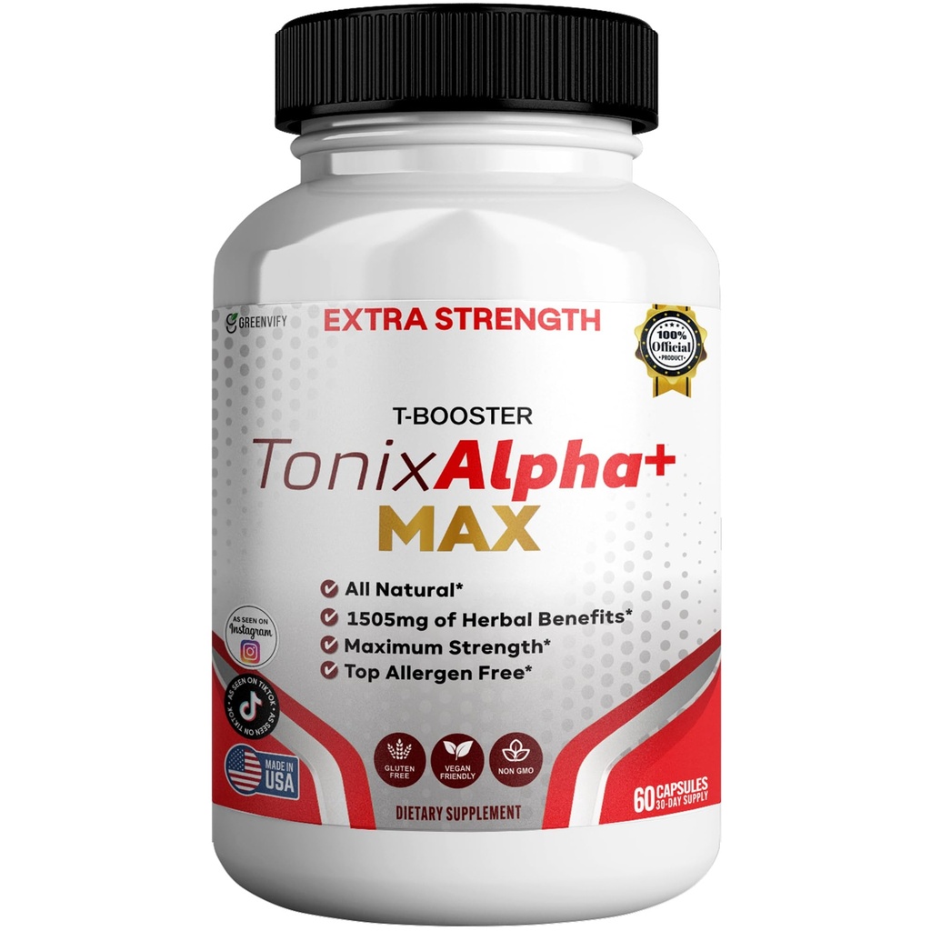 Tonix Alpha+ Max T-Booster Supplement, 1505mg Herbal Complex, 60 Capsules, 30 Day Supply, All Natural, Vegan Friendly (1)