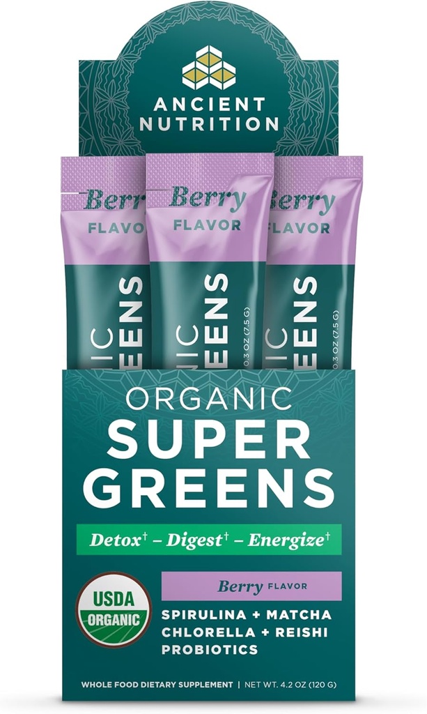 אבקת Super Greens תזונה עתיקה עם Probiotics, אורגני ברי פלאמור גריןs, עשוי פירות אמיתיים, ירקות ו Herbs, Digestive and Energy Support, 16 Stick Packs, 4.2ozoz