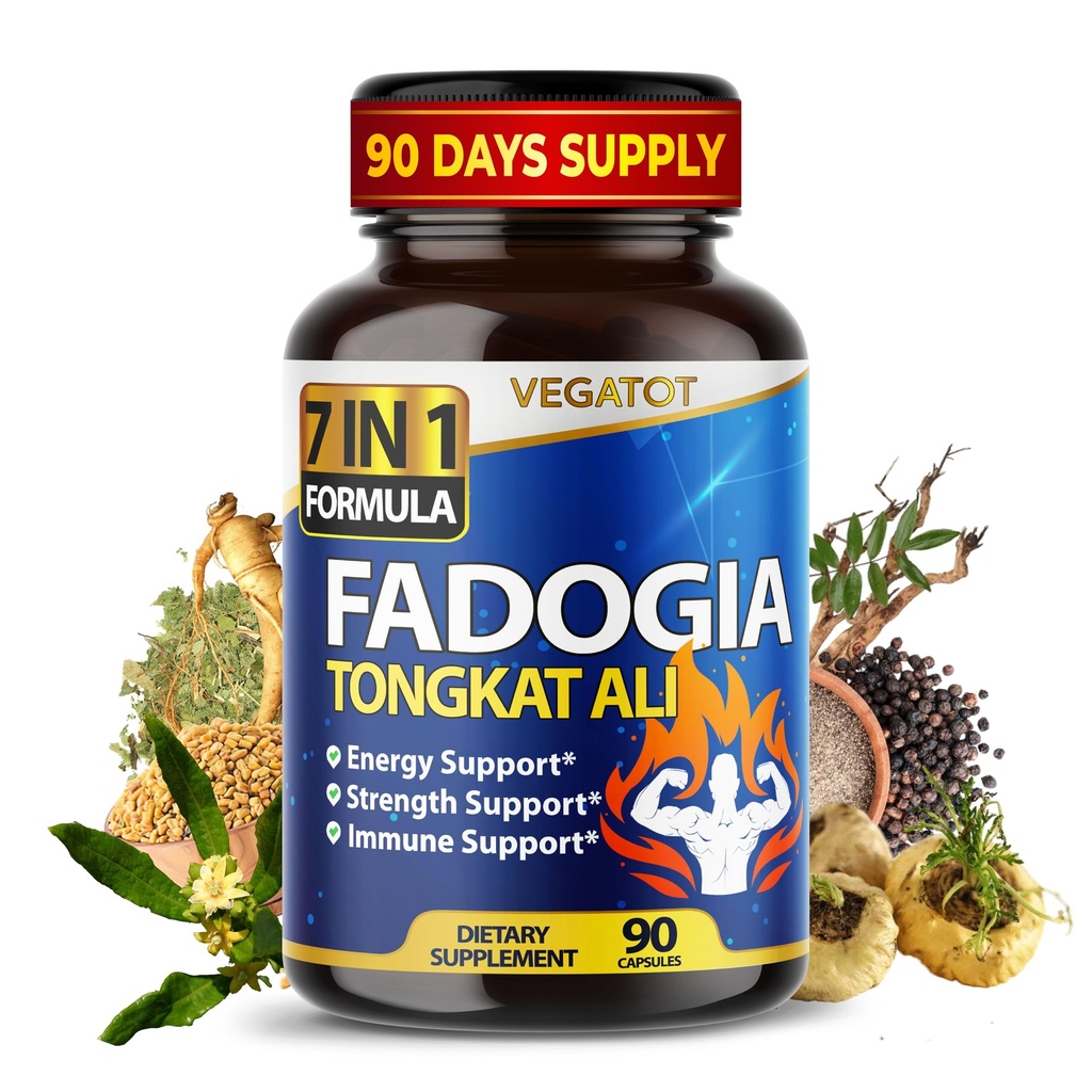 VEGATOT 7 in 1 High Strength Fadogia Concentrated with Tongkat Ali Maca Root Fenugreek Ginseng Boost Energy Stamina 3-Month Supply (90 Count (Pack of 1))