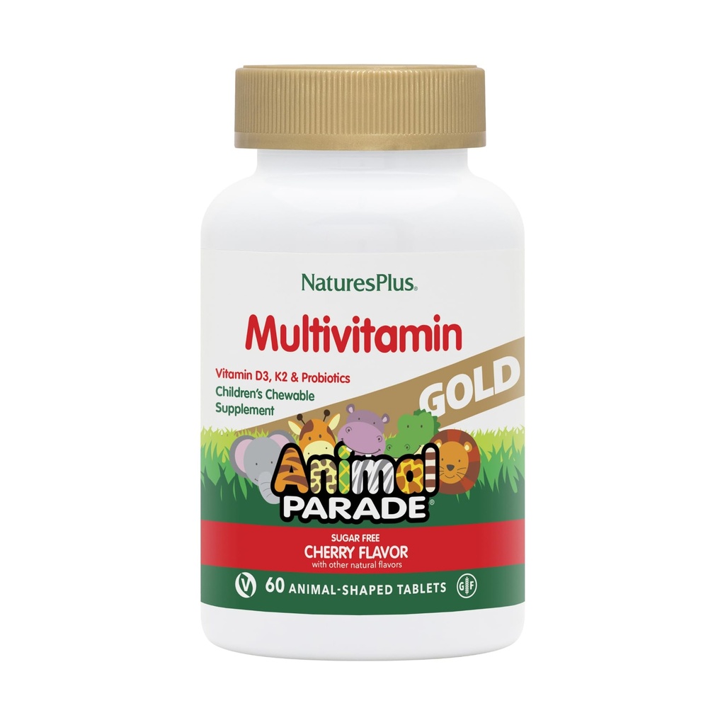 NaturesPlus Animal Parade Gold Multivitamin Children’s Chewables - Cherry Flavor - 60 Chewable Animal-Shaped Tablets - with Vitamin D3, K2 & Probiotics - 30 Servings