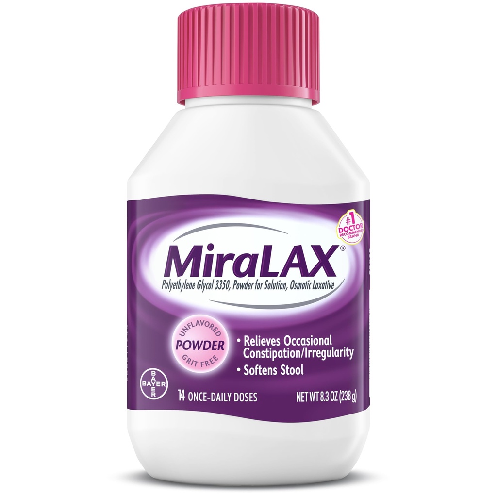 MiraLAX Laxative Powder, Gentle Constipation Relief, PEG 3350, Physician Recommended, No Harsh Side Effects, 14 Dose