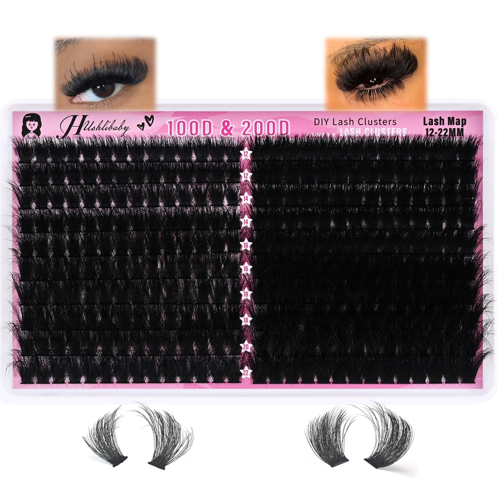 Lash Clusters 100D+200D Mega Thick Lashes Clusters 12-22mm Wispy Individual Thick Volume Lashes Cluster Eyelash Extensions 280Pcs DIY Lash Extension at Home, by Hushlibaby(Plant Fiber)
