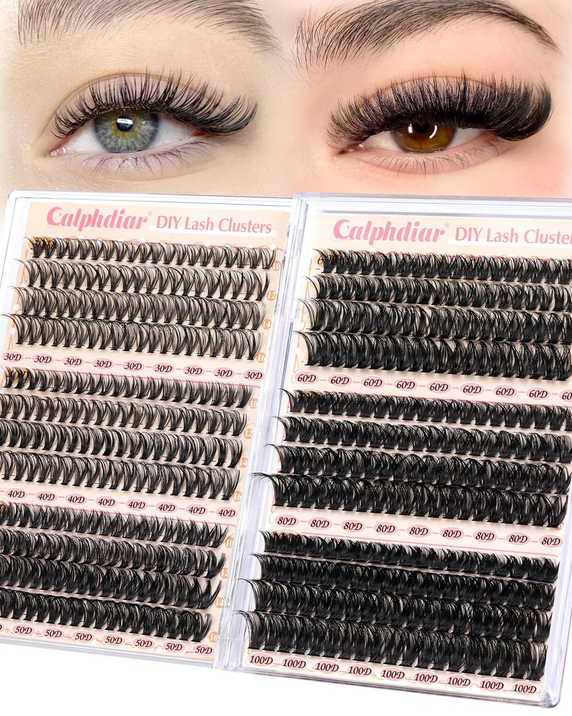 Calphdiar Eyelash Clusters 30D+40D+50D+60D+80D+100D Lash Clusters Wispy Individual Lashes 476PCS D-curly Lash Extension 10-16MM Natural Lashes Clusters DIY Cluster Eyelash Extensions