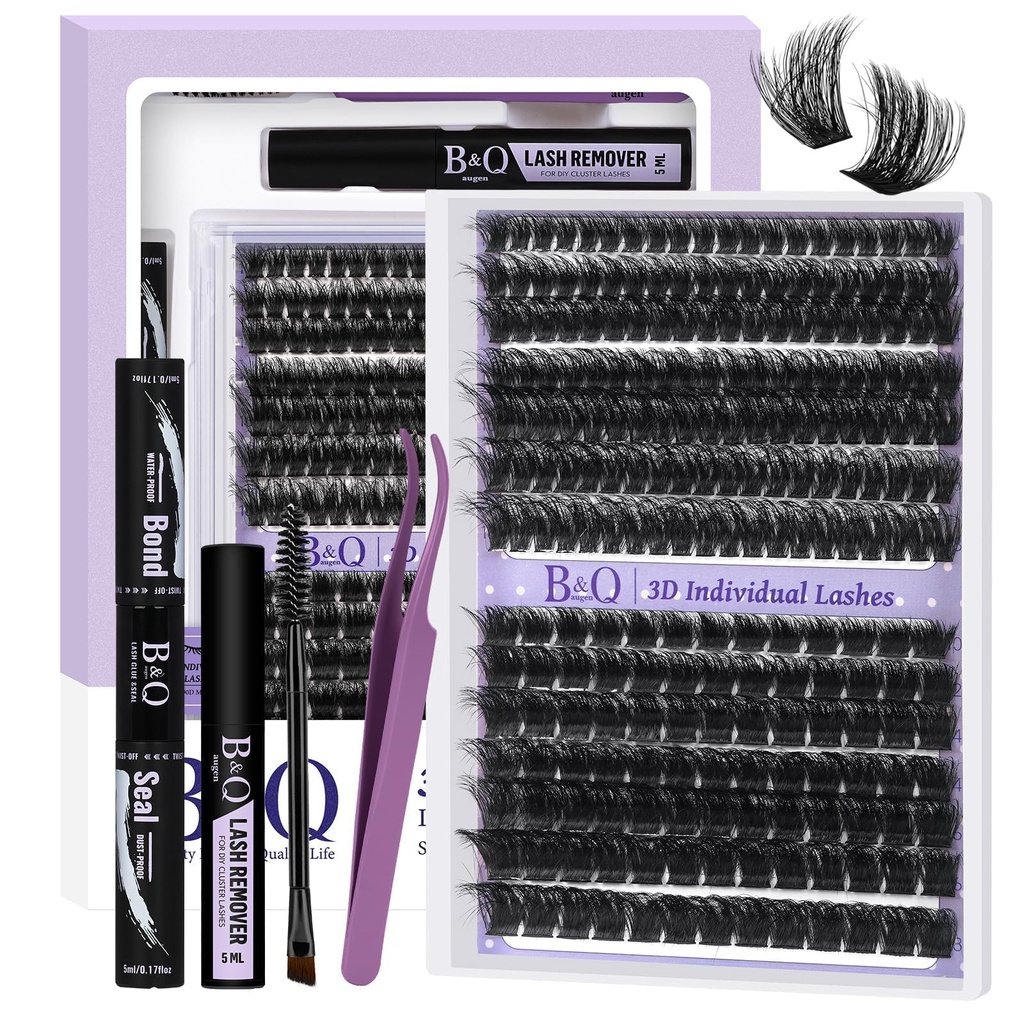B&Q Fluffy Lash Clusters Kit 100D+200D Dramatic Eyelash Clusters Kit 10-18MM 0.05MM Wispy Lash Thick Volume DIY Individual Lashes 3D Mega Eye Lashes Suitable for Beginners at Home(KIT-100D+200D)
