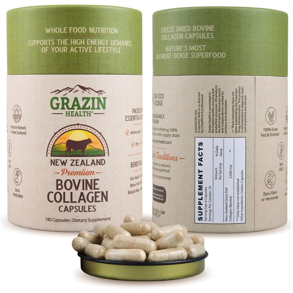 Bovine Collagen Capsules 3000mg Grass Fed, Whole Food Bovine Collagen Pills for Women and Men, Non Marine Collagen Supplements, 30 Day Bottle