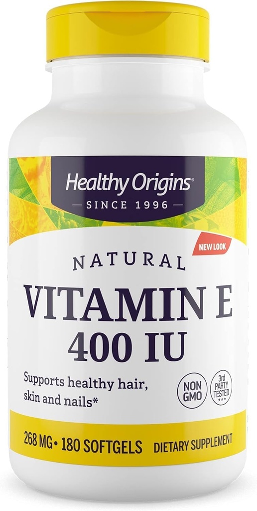 Origenes saludables Vitamina E 400 UI (Natural, no GMO, Gluten Free, Skin Support, Cardiovascular Support), 180 Softgels