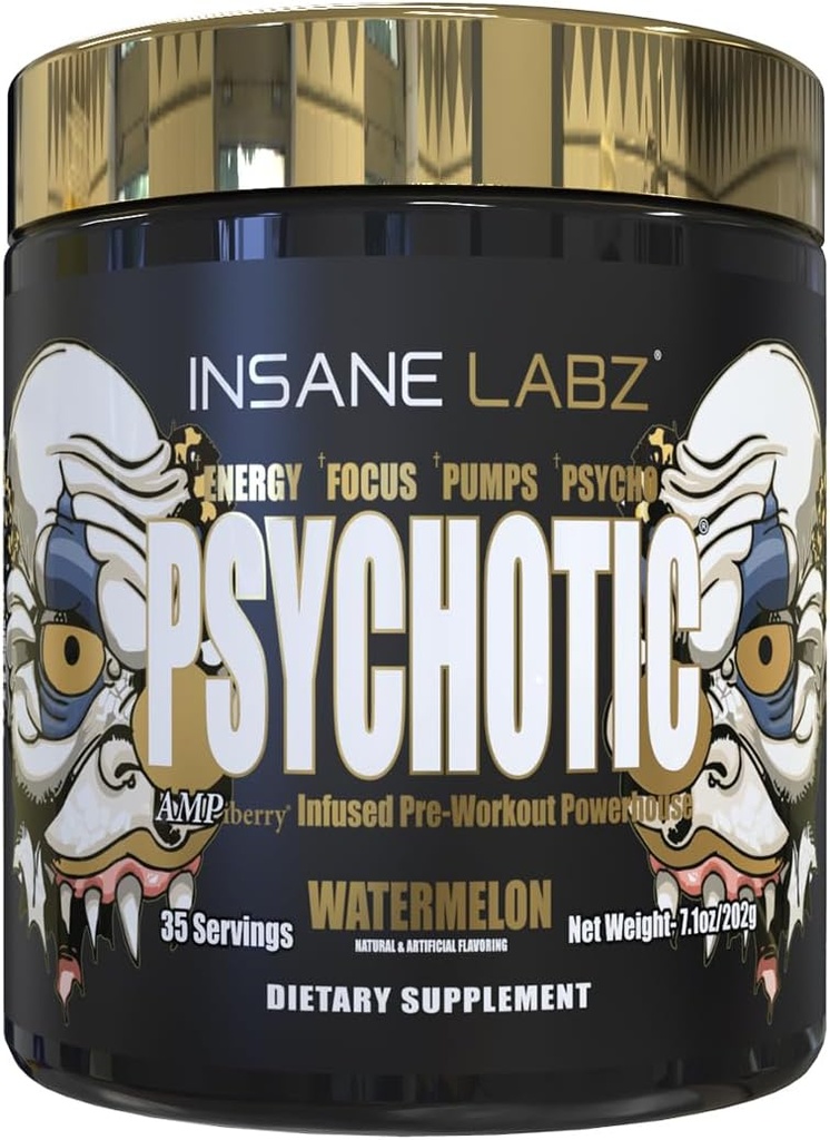 Insane Labz Psykotic Gold, High Stimulant Pre Treenout Powder, Extreme Lesting Energy Focus, Pumps ja Endurance Beta Alanine, DMAE Bitartraatti, NO Booster (35 tarjoilut, vesimeloni)