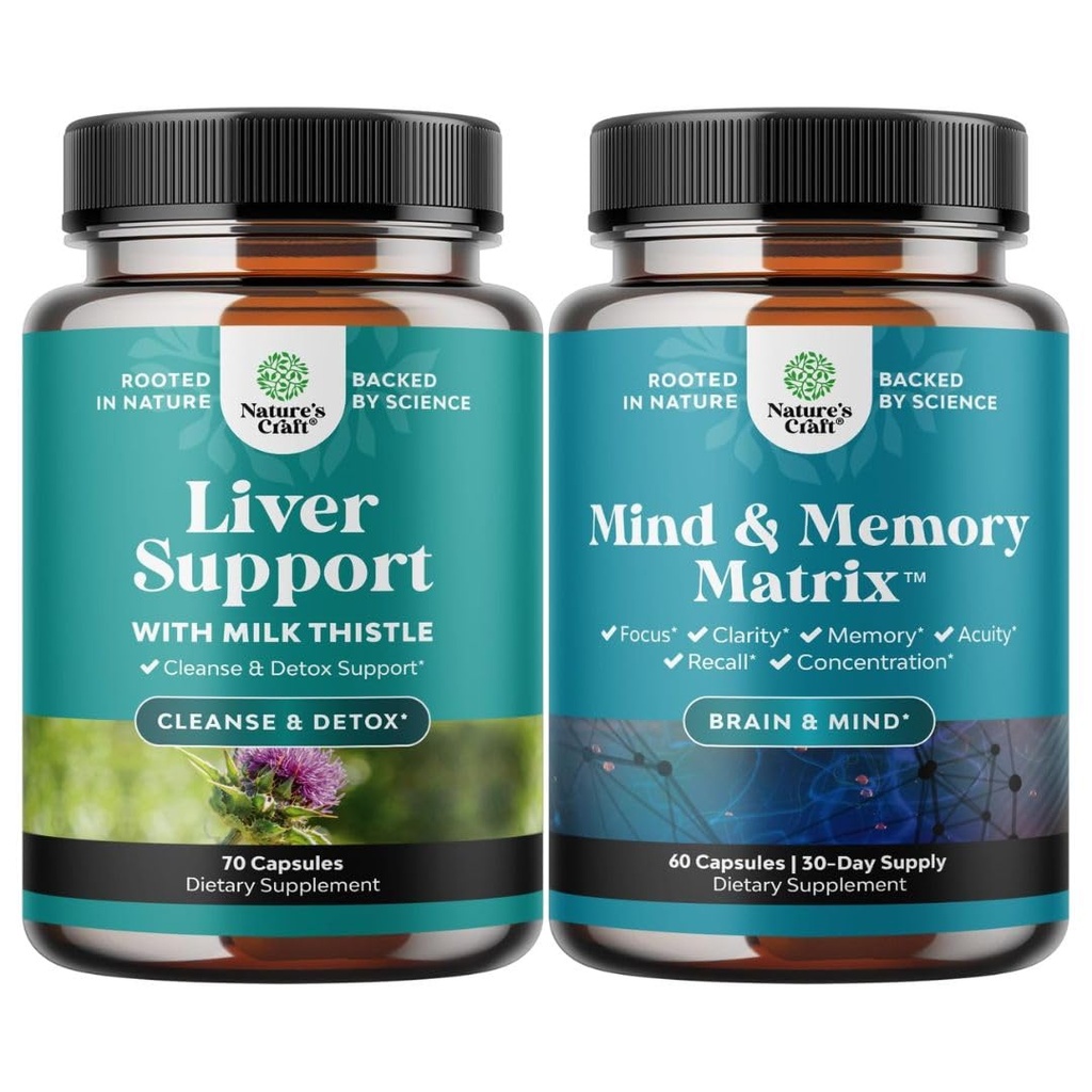 Bundle of Liver Cleanse Detox & Repair - Herbal Liver Support with Silymarin, Beetroot & Artichoke and Nootropic Brain Supplement - Mental Health & Clarity - VIT A B6 Riboflavin Niacin Thiamin Folate