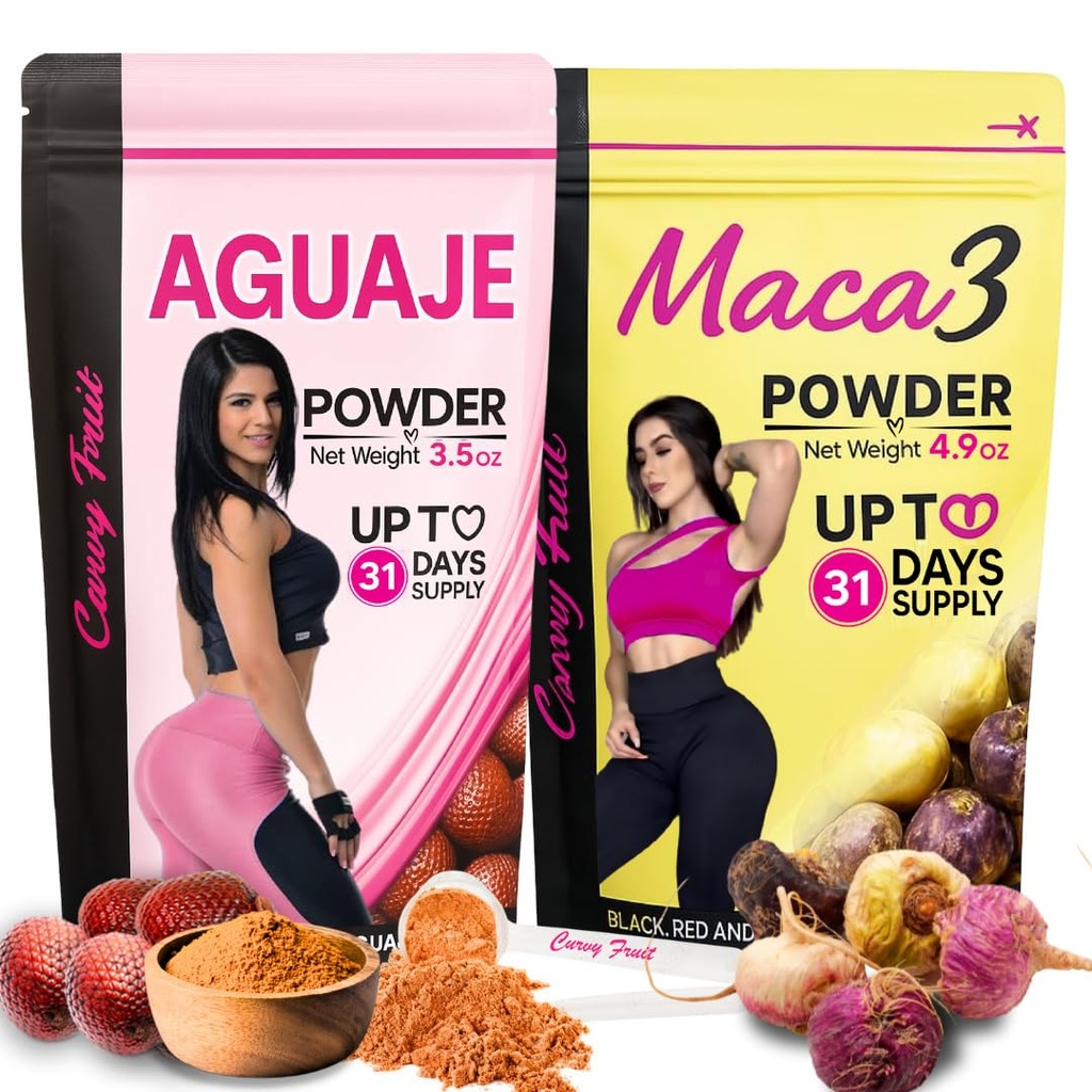 Aguaje Maca 3 Powder for Women – Booty & Hip Growth Support – Natural Plant-Based Curves Supplement – 1 Month Supply