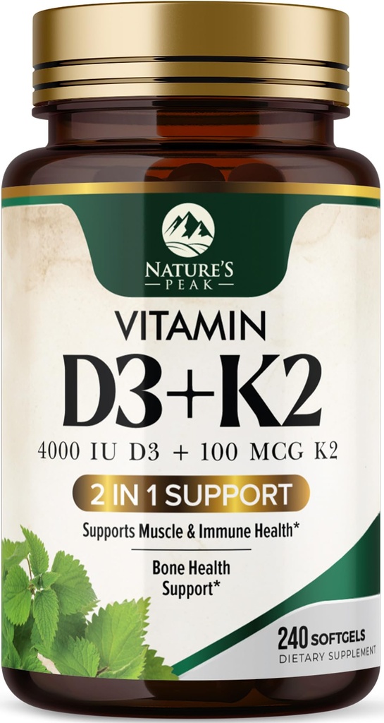 D3 K2 Vitamin - Vitamin D3 4000 IU Per Softgel - High Potency Vitamin D3 Supplement - 2-in-1 Complex Vitamin D & Vitamin K2 (MK7) - Easy to Swallow, Bone & Immune Support - Bottled USA - 240 Softgels