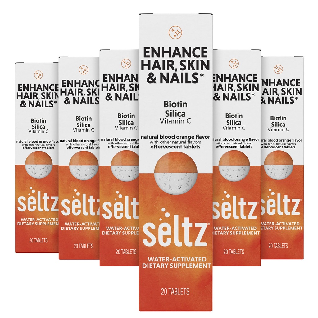 Seltz Hair Skin and Nails Drink Tablets, Biotin Supplement, Effervescent Vitamin C and Silica Tablets, Hair Skin and Nails Vitamins, Dissolves in Water, No Sugar Added, Blood Orange Flavor, 6 Pack