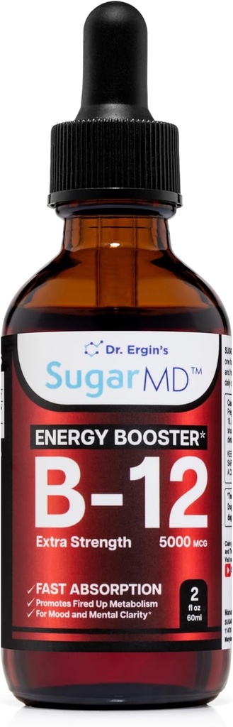 SugarMD Vitamin B12 5000 mcg Liquid drops — 2 fl oz (60ml) Energy drops for Women and Men - Non-GMO ' Free Liquid B12 drops with Maximum Absorption Formula