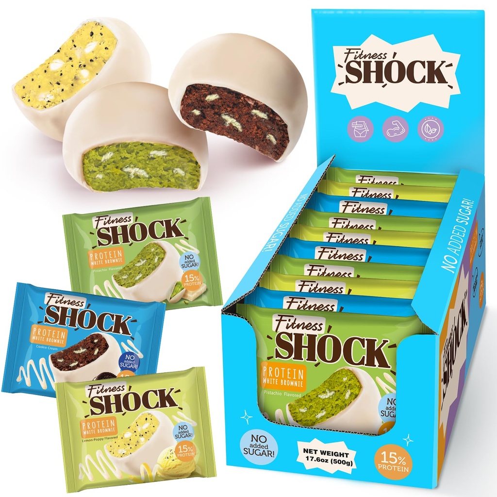 Fitness SHOCK Protein White Brownie Variety Pack - No Added Sugar, 7.5g Protein, Low Carb Dessert - Pistachio, Cookie Cream, Lemon Poppy - 0g Added Sugar, 10g Net Carbs - 10 x 50g