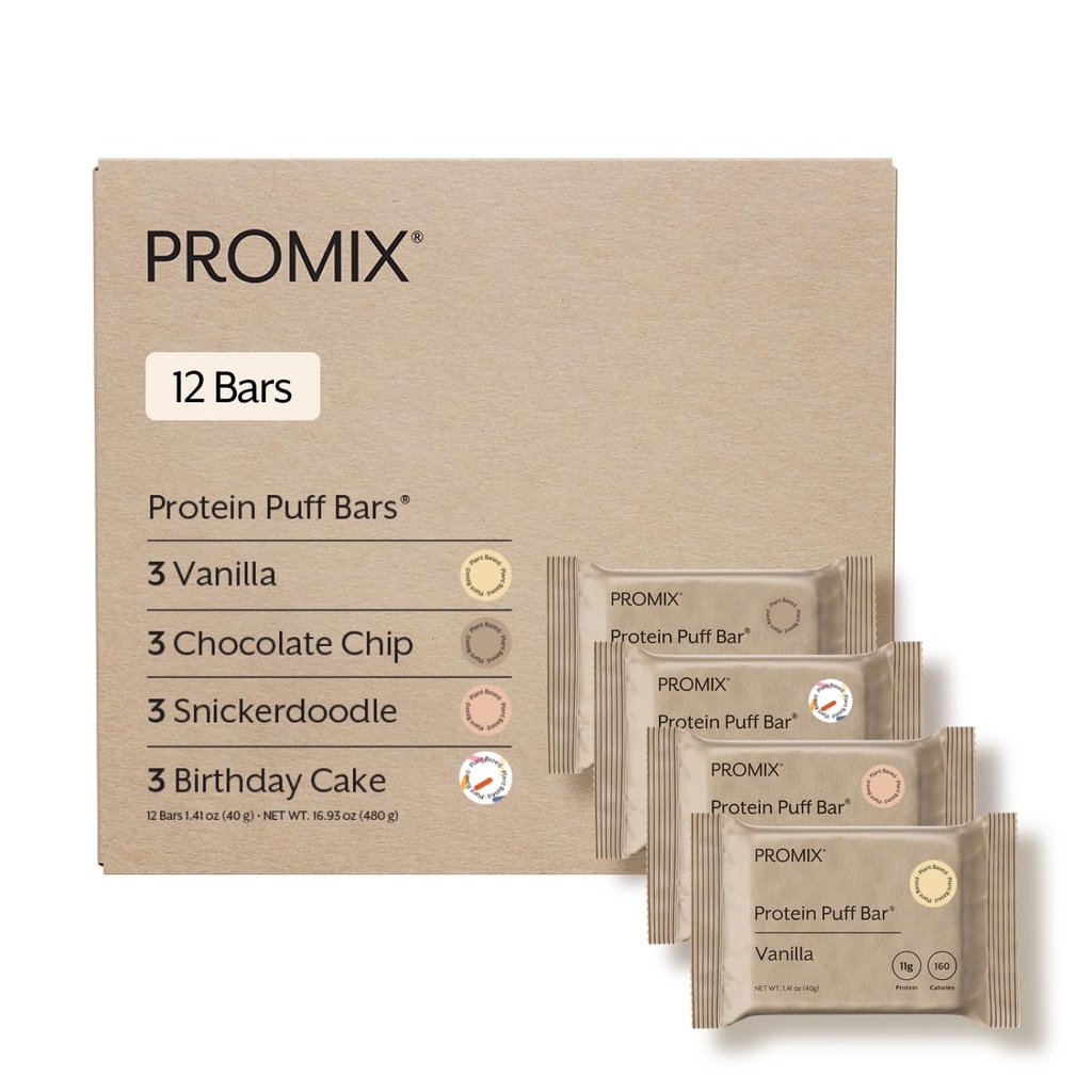ProMix Nutrition Protein Plant Based Puff Bars - Variety Pack (Vanilla, Chocolate Chip, Snickerdoodle, Birthdate Cake) - Marshmallow Crispy Treat - High Protein & Low Calorie - 12 Bars
