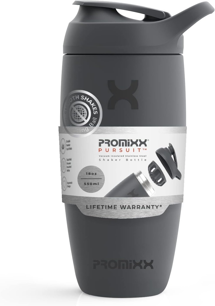 Promixx Pursuit 셰이커 병은 스테인리스 물병 및 셰이커 컵, 18oz, 흑연 회색을 격리했습니다