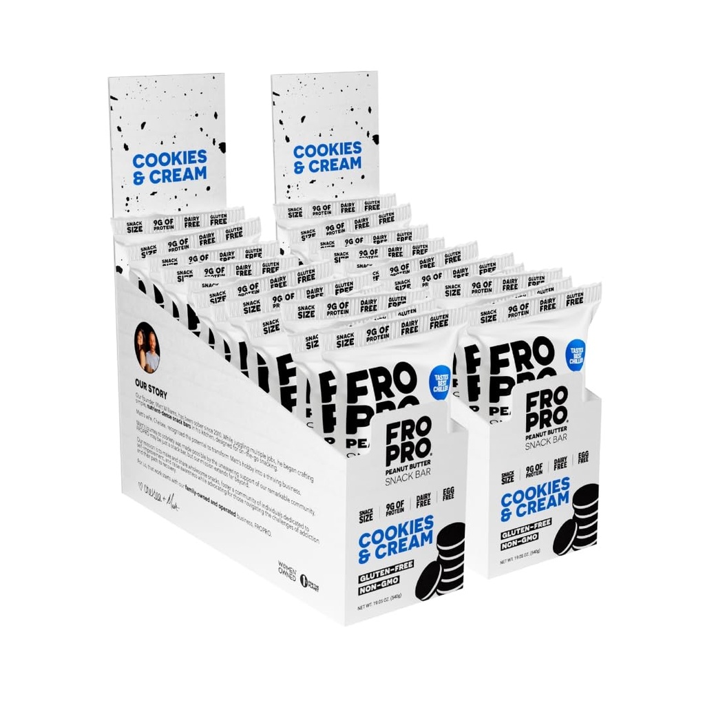 FROPRO Plant Protein Snack Bars, One Bite Crave-Worthy Taste, Honey-Sweetened Plant-Based Protein Bars, 9–10g Protein, Gluten & Dairy Free, Snack Size On-the-Go, Cookies and Cream, 24 Pack