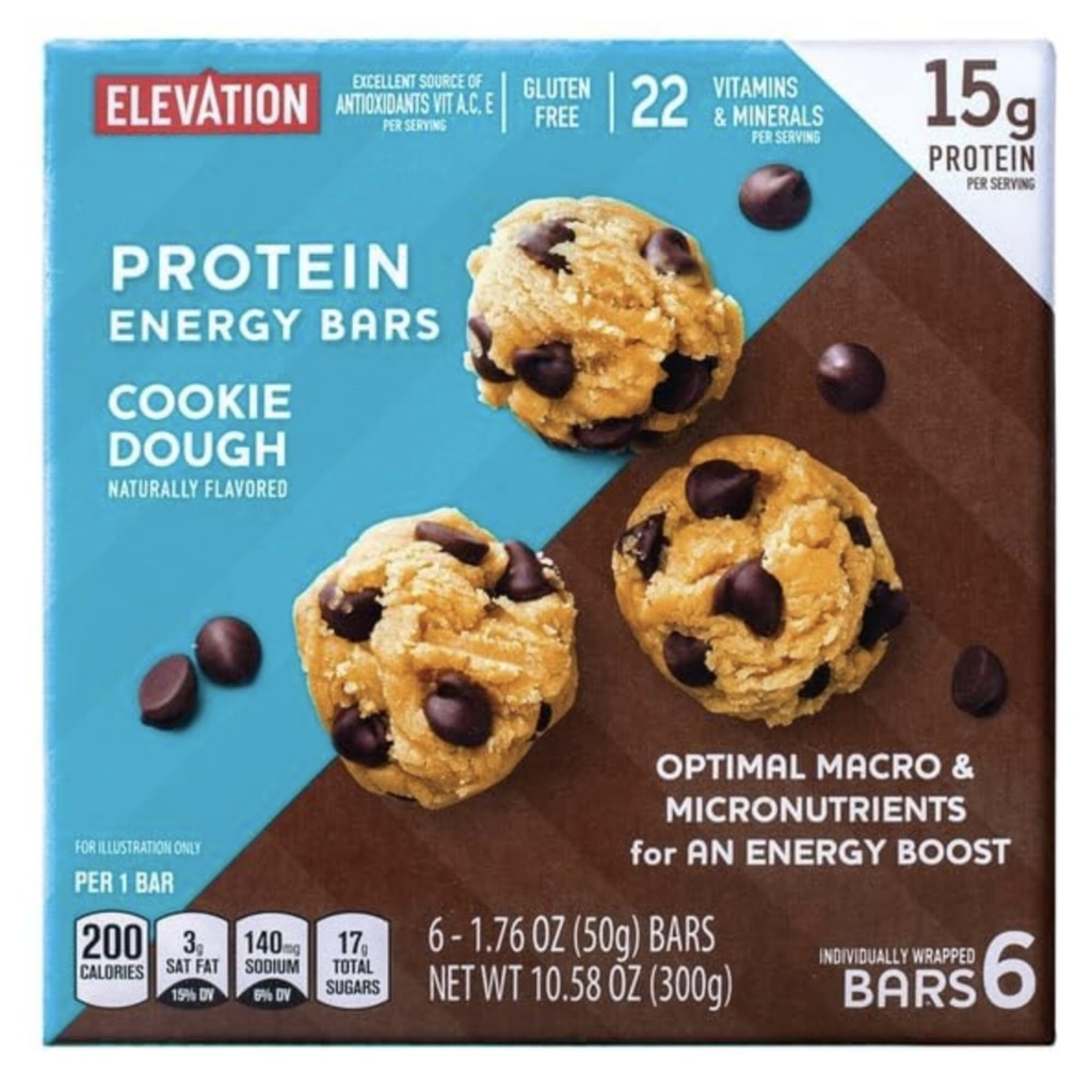 DELICIOUS + HEALTHY Elevation Cookie Dough Protein Energy Bars | 10.58oz Box of 6 Bars | Perfect Travel/Car/Handbag/Office Snack | Packed with Protein & Energy | Nutritious & Tasty Treat