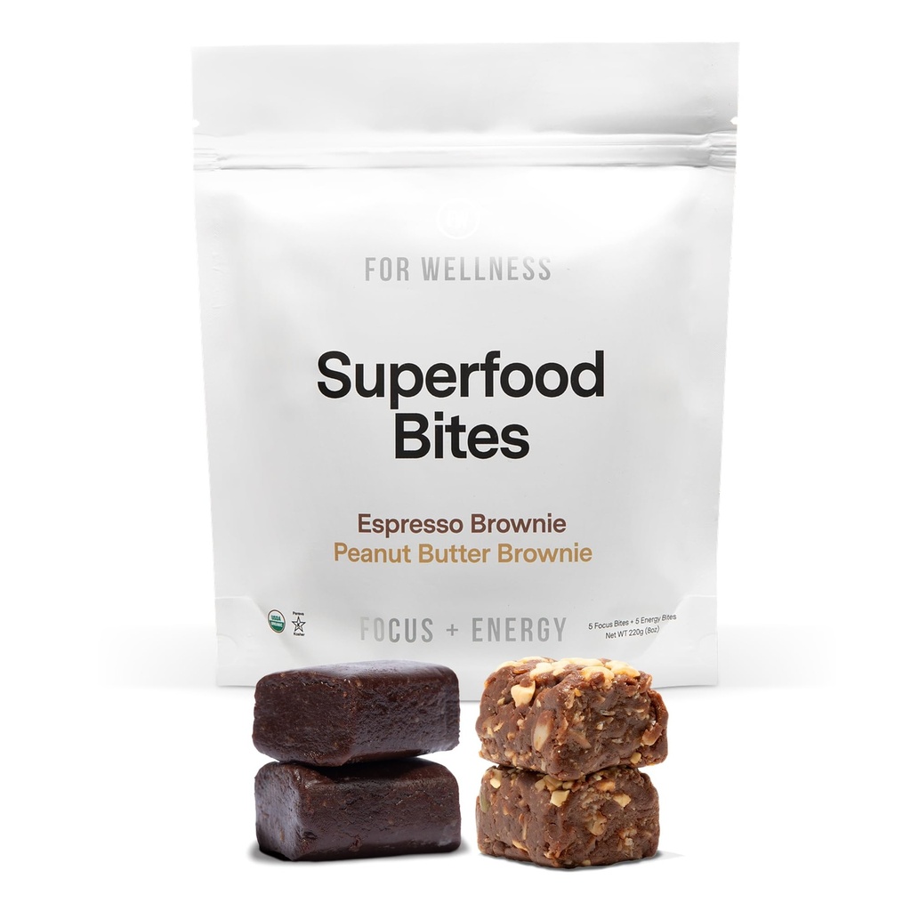 For Wellness Superfood Bites Focus and Energy | 5 Espresso Brownie | 5 Peanut Butter Brownie | Healthy Snacks for Adults and Kids | Organic, Healthy Snack for Energy and Brain Food | 10 Count