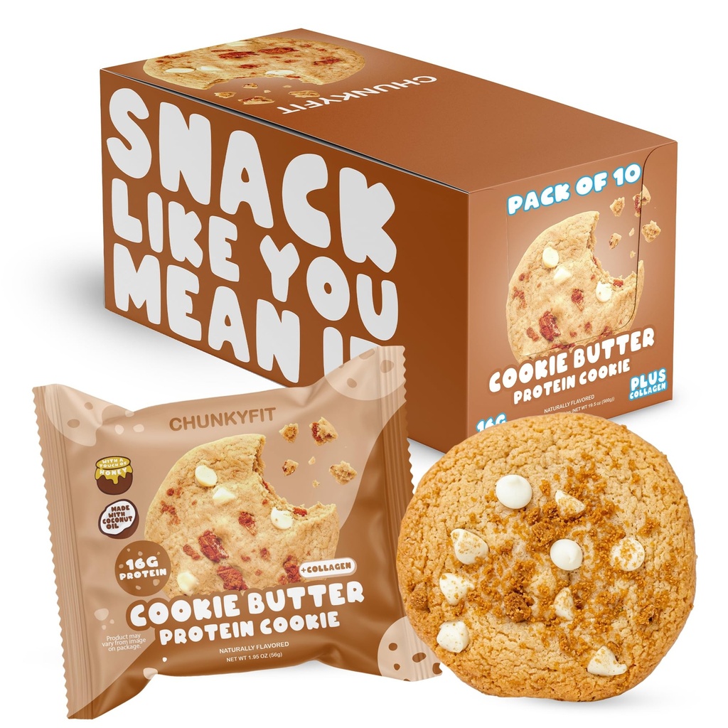 CHUNKYFIT Cookie Butter Protein Cookie - Made with Coconut Oil, Collagen and a Touch of Honey, Soft Baked Balanced Snack, Good for Post Workout Recovery, 16g Protein - 1.95 OZ - 10 Pack