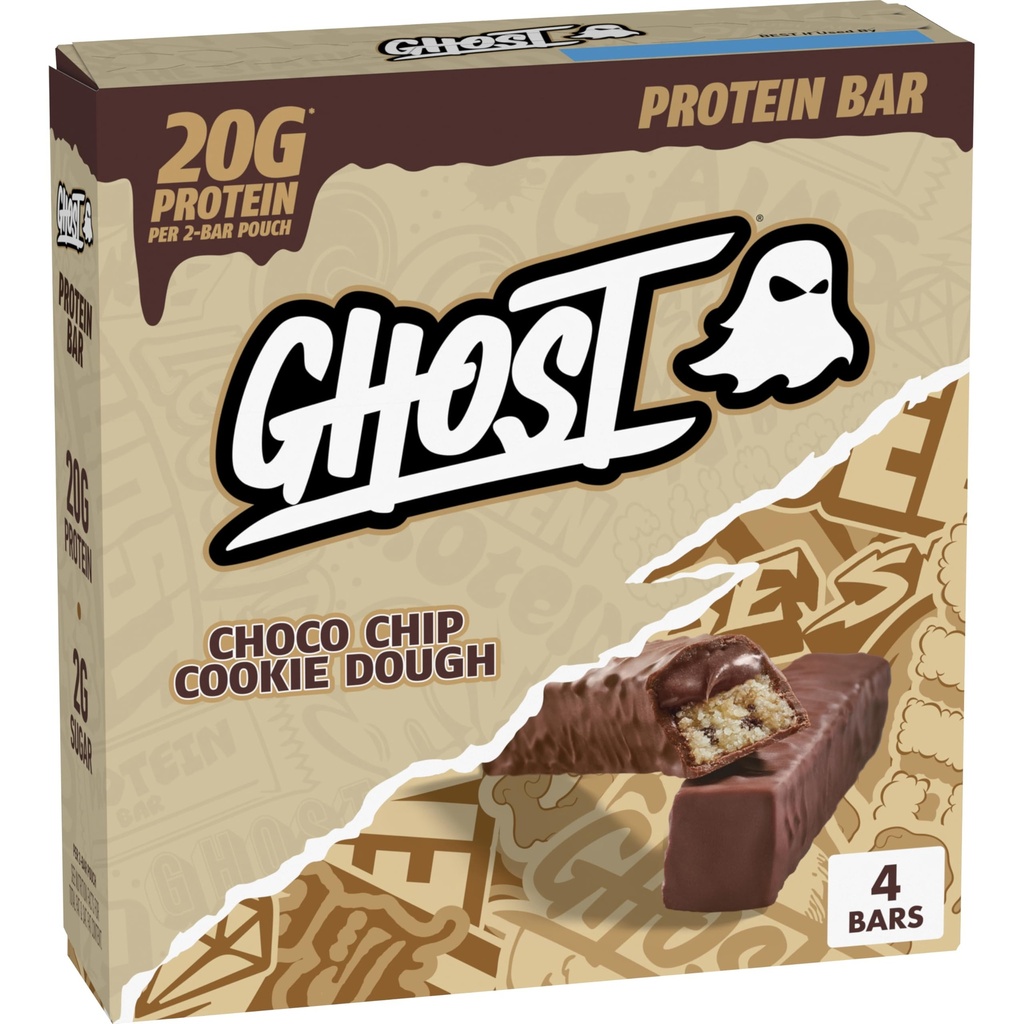 GHOST PROTEIN BAR, CHOCO CHIP COOKIE DOUGH Flavor, 20G Protein, 2G Sugar, 4 Dual-Bar Packs, 9.2 oz
