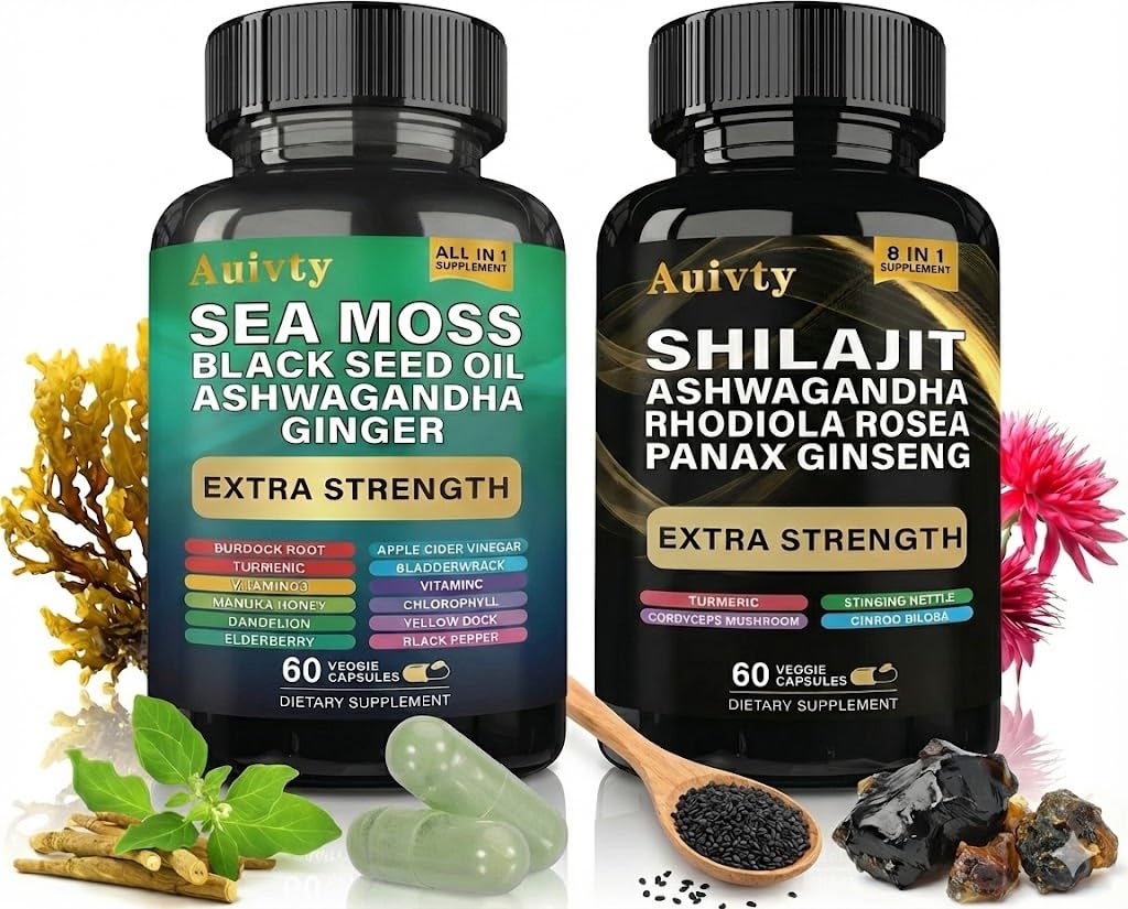 Herbal Wellness Bundle – Sea Moss Complex 19,445mg + Shilajit Complex 15,250mg – Extra Strength 2-in-1 Supplement Pack with Ashwagandha, Ginseng & Botanicals – 2 Bottles, 120 Vegan Capsules