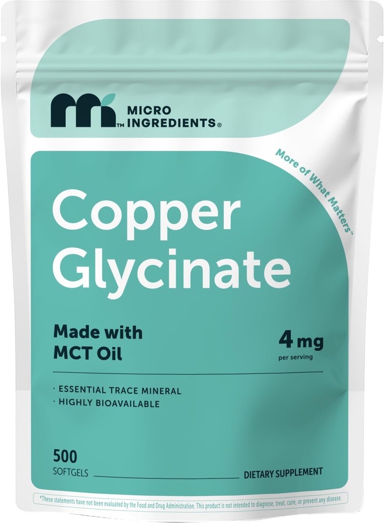 Copper Glycinate with MCT Oil, 500 Softgels | 4 mg Elemental Copper Per Serving | Chelated Copper Mineral Supplement | Essential Trace Mineral | Non-GMO, cGMP Manufactured