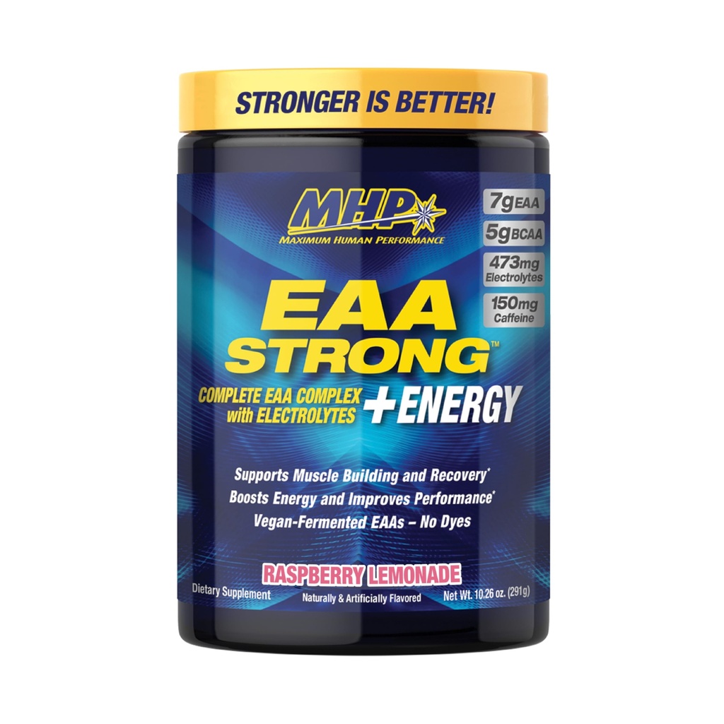Maximum Human Performance EAA Strong + Energy, EAA Supplement, All 9 EAAs, BCAAs, Electrolytes, Coconut Water, Pre-Workout Enhances Muscle Building, Performance, Caffeine, Raspberry Lemonade, 30 Serve