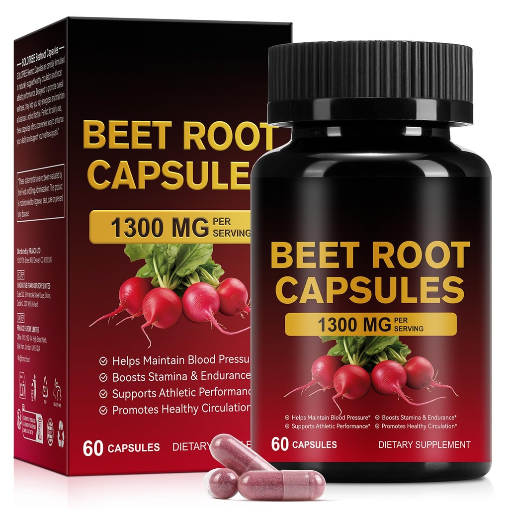 Beet Root Capsules 1300mg - Beetroot Supplement for Healthy Circulation, Energy & Endurance - Non-GMO, Vegan, Beet Extract - 60 Capsules