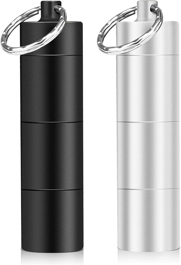 Opret 2 pacote Keychain Pill Holder, 3 compartimentos de metal pequena caixa de pílulas, impermeável portátil caixa de pílulas de viagem, recipiente de pílulas para bolsa, Matte preto e prata
